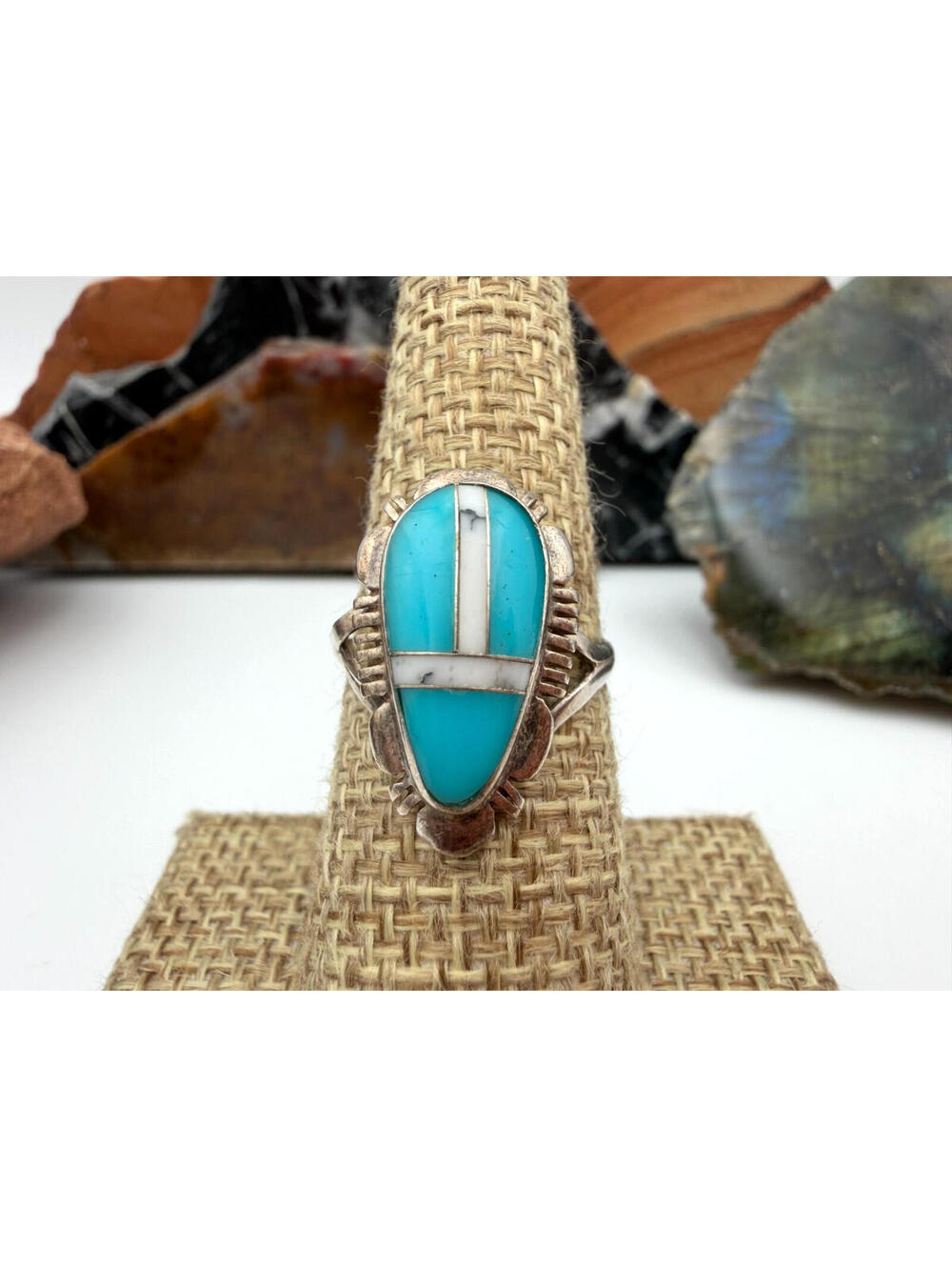 Zuni Navajo Turquoise White Buffalo Sterling Silver Stamped 925 Signed SK Ring